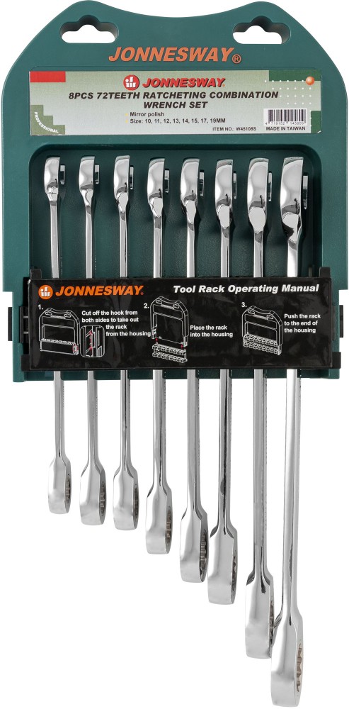 Jonnesway W45108S Набор ключей гаечных комбинированных трещоточных на пластиковом держателе, 10-19 мм, 8 предметов W45108S