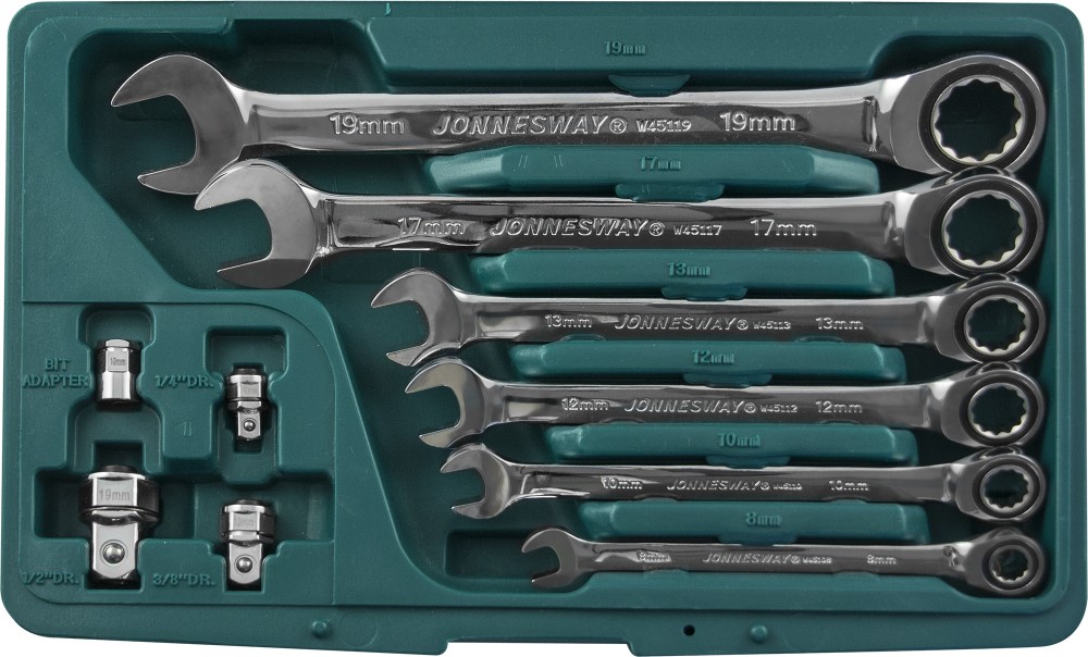 Jonnesway W45110S Набор ключей гаечных комбинированных трещоточных с аксессуарами в кейсе, 8-19 мм, 10 предметов W45110S