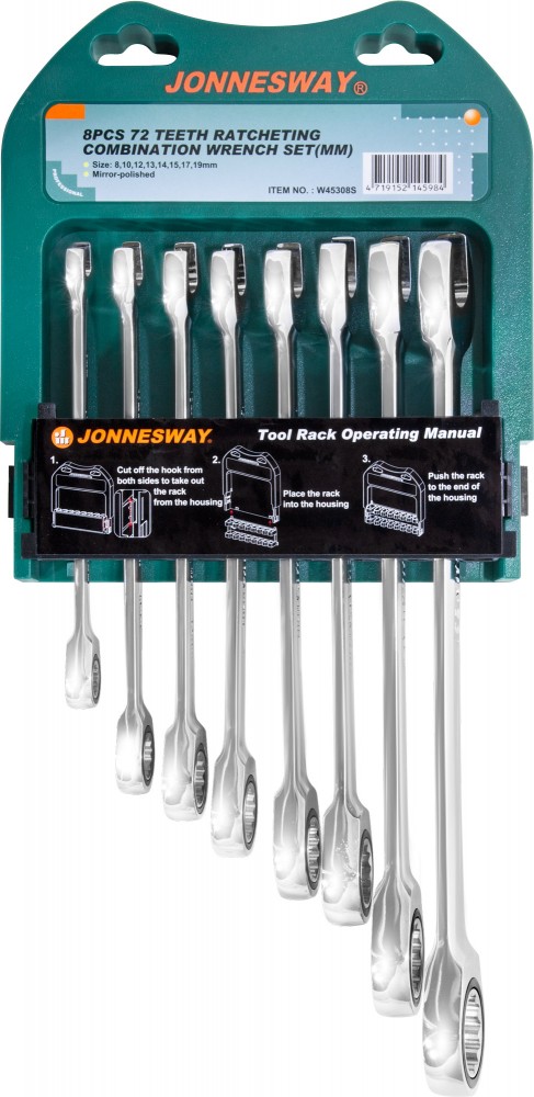 Jonnesway W45308S Набор ключей гаечных комбинированных трещоточных на держателе, 8-19 мм, 8 предметов W45308S