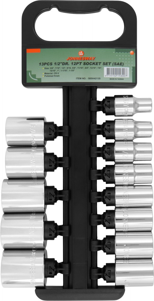 Jonnesway S05H4213S Набор головок торцевых 12-гранных MAXI-DRIVE 1/2"DR на держателе, SAE 3/8--1-1/8", 13 предметов S05H4213S