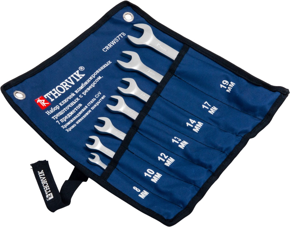 Thorvik CRRWS7TB Набор ключей гаечных комбинированных трещоточных с реверсом в сумке, 8-19 мм, 7 предметов CRRWS7TB