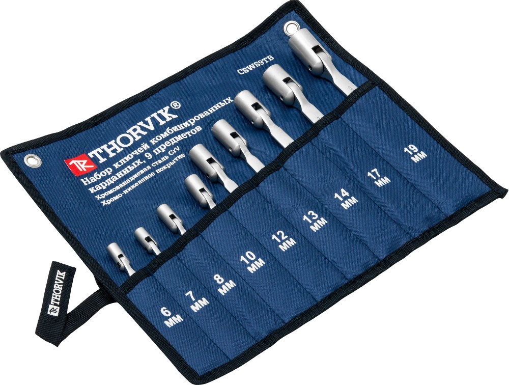 Thorvik CSWS9TB Набор ключей гаечных комбинированных карданных в сумке, 6-19 мм, 9 предметов CSWS9TB