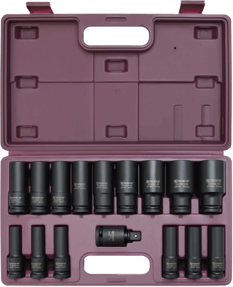 Thorvik S23S2116S Набор головок торцевых ударных глубоких 1/2"DR, 10-32 мм, 16 предметов S23S2116S