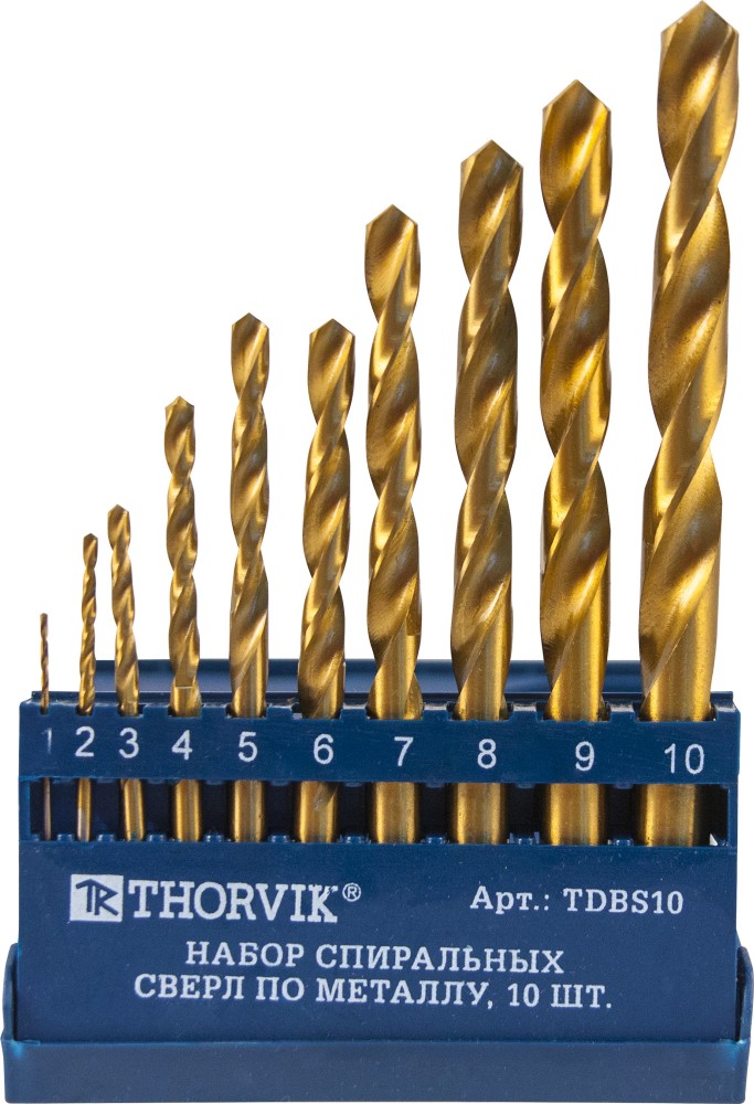 Thorvik TDBS10 Набор спиральных сверл по металлу HSS TiN в пластиковом кейсе, d1.0-10.0 мм, 10 предметов TDBS10