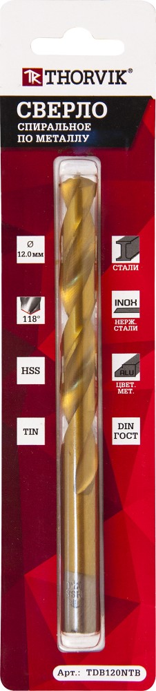 Thorvik TDB035NTB Сверло спиральное по металлу HSS TiN в блистере, d3.5 мм TDB035NTB