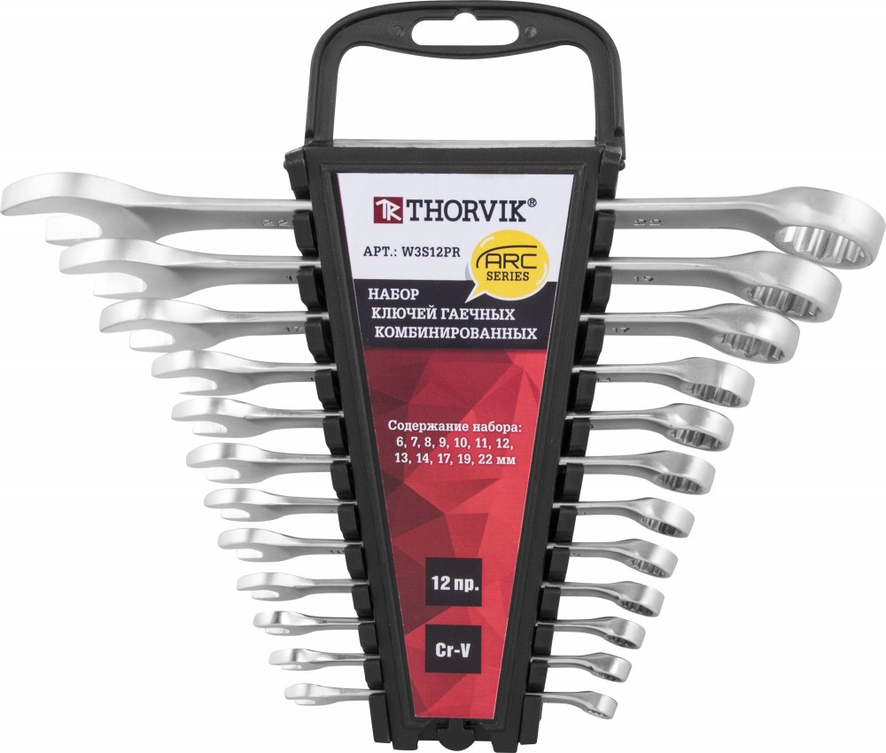Thorvik W3S12PR Набор ключей гаечных комбинированных серии ARC на держателе, 6-22 мм, 12 предметов W3S12PR