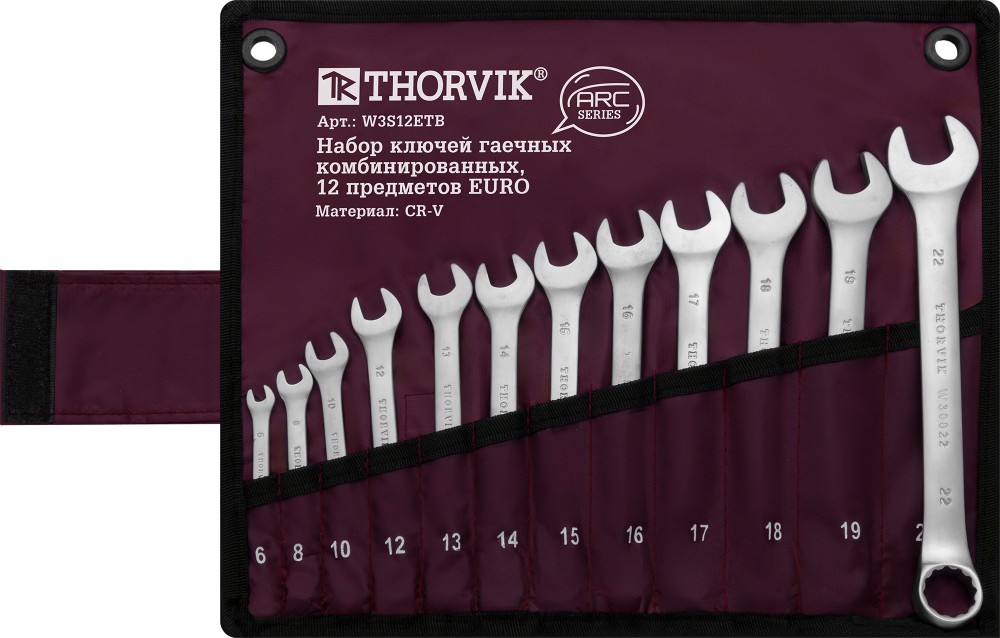 Thorvik W3S12ETB Набор ключей гаечных комбинированных серии ARC в сумке, 6-22 мм, 12 предметов EURO W3S12ETB