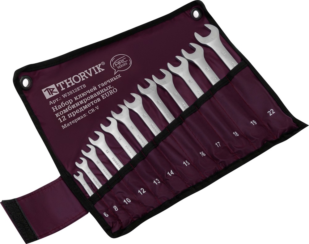Thorvik W3S12ETB Набор ключей гаечных комбинированных серии ARC в сумке, 6-22 мм, 12 предметов EURO W3S12ETB