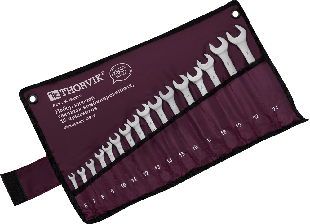 Thorvik W3S16TB Набор ключей гаечных комбинированных серии ARC в сумке, 6-24 мм, 16 предметов W3S16TB