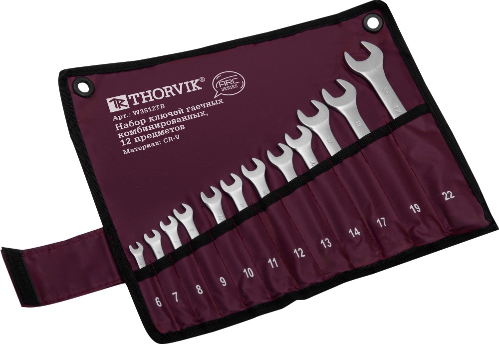 Thorvik W3S12TB-T Набор ключей гаечных комбинированных серии ARC в сумке, 12 предметов (6-14,17,19,22 мм) (в тубусе Thorvik) W3S12TB-T