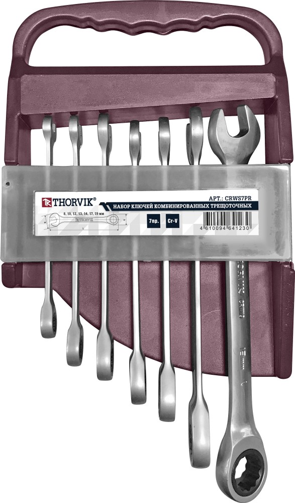 Thorvik CRWS7PR Набор ключей гаечных комбинированных трещоточных на держателе, 8-19 мм, 7 предметов CRWS7PR