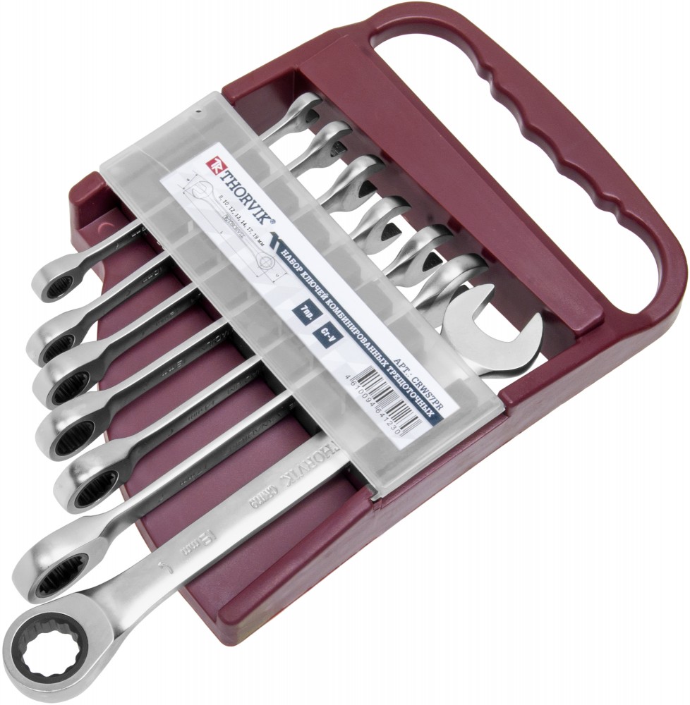 Thorvik CRWS7PR Набор ключей гаечных комбинированных трещоточных на держателе, 8-19 мм, 7 предметов CRWS7PR