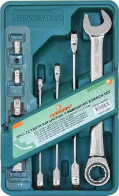 Jonnesway W45508S Набор ключей гаечных комбинированных трещоточных с аксессуарами на держателе, 10-19 мм, 8 предметов W45508S