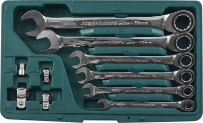Jonnesway W45110S Набор ключей гаечных комбинированных трещоточных с аксессуарами в кейсе, 8-19 мм, 10 предметов W45110S