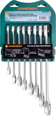 Jonnesway W45308S Набор ключей гаечных комбинированных трещоточных на держателе, 8-19 мм, 8 предметов W45308S