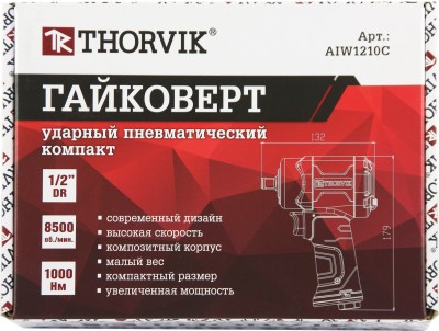 Thorvik AIW1210C Гайковерт ударный пневматический 1/2"DR 8500 об/мин, 1000 Нм, компакт AIW1210C