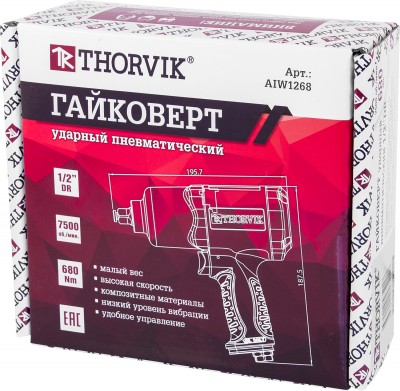 Thorvik AIW1268 Гайковерт ударный пневматический, композитный корпус, 1/2"DR 7500 об/мин, 680 Нм AIW1268