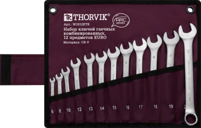 Thorvik W3S12ETB Набор ключей гаечных комбинированных серии ARC в сумке, 6-22 мм, 12 предметов EURO W3S12ETB
