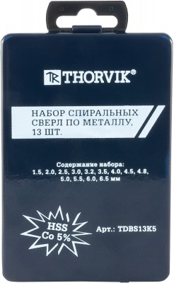 Thorvik TDBS13K5 Набор спиральных сверл по металлу HSS Co в металлическом кейсе, d1.5-6.5 мм, 13 предметов TDBS13K5