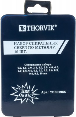 Thorvik TDBS19K5 Набор спиральных сверл по металлу HSS Co в металлическом кейсе, d1.0-10.0 мм, 19 предмето TDBS19K5